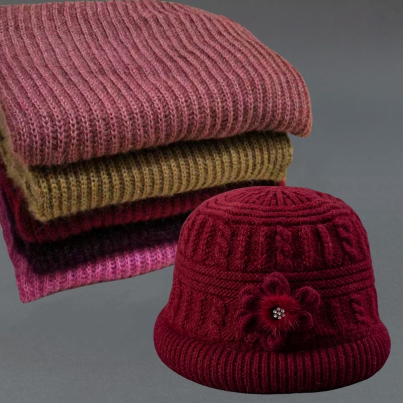 winter middle-aged and elderly mom hat scarf set fleece lined padded warm keeping woolen knitted hat cold-proof women's basin hat Specification drawing