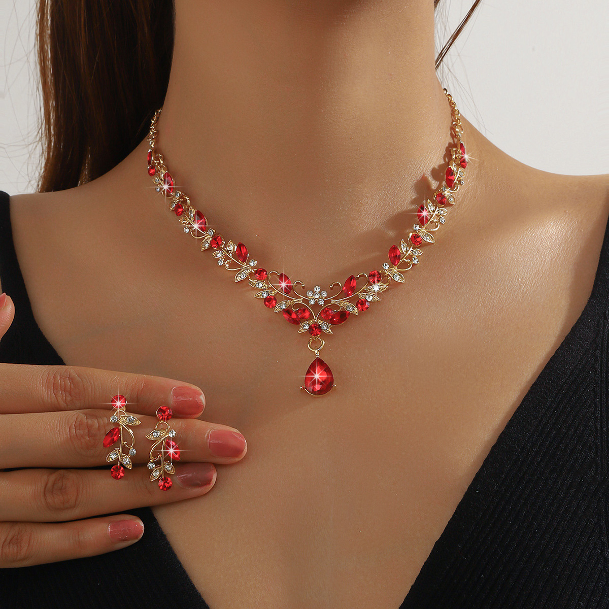 factory supply direct sales hot sale in europe and america women's alloy rhinestone necklace ornament set bridal wedding banquet jewelry Specification drawing