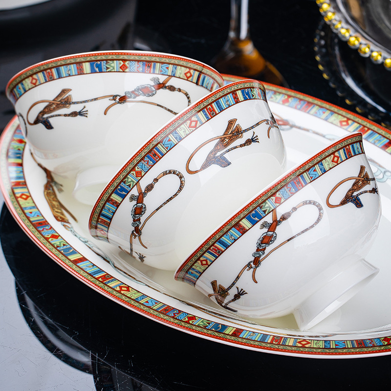 jingdezhen ceramic bowl household anti-scald tall bowl rice bowl noodle bowl simple and light luxury bone china bowl gift set Item Picture