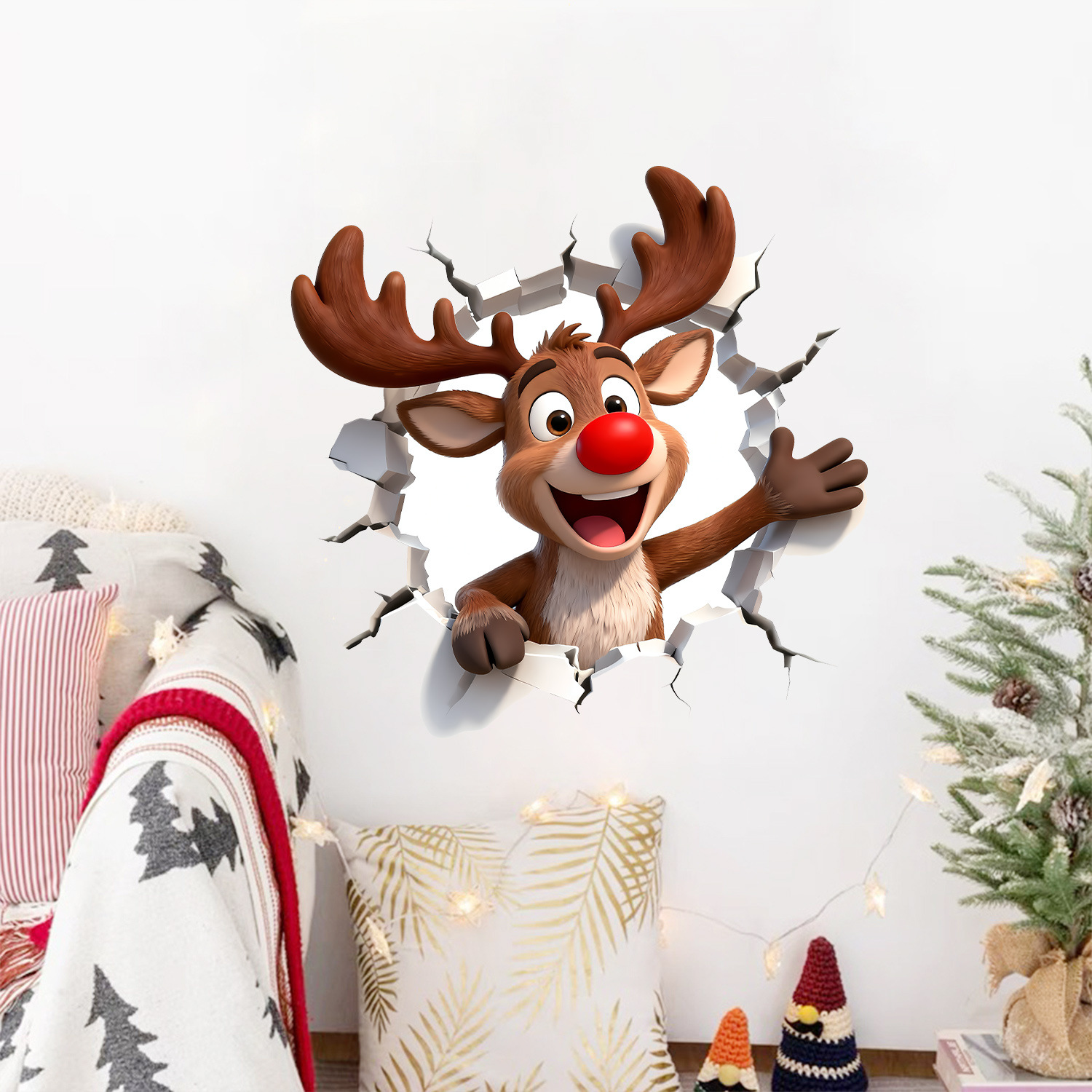 cross-border christmas creative 3d broken wall cartoon elk stickers holiday atmosphere living room home decoration wall stickers full figure