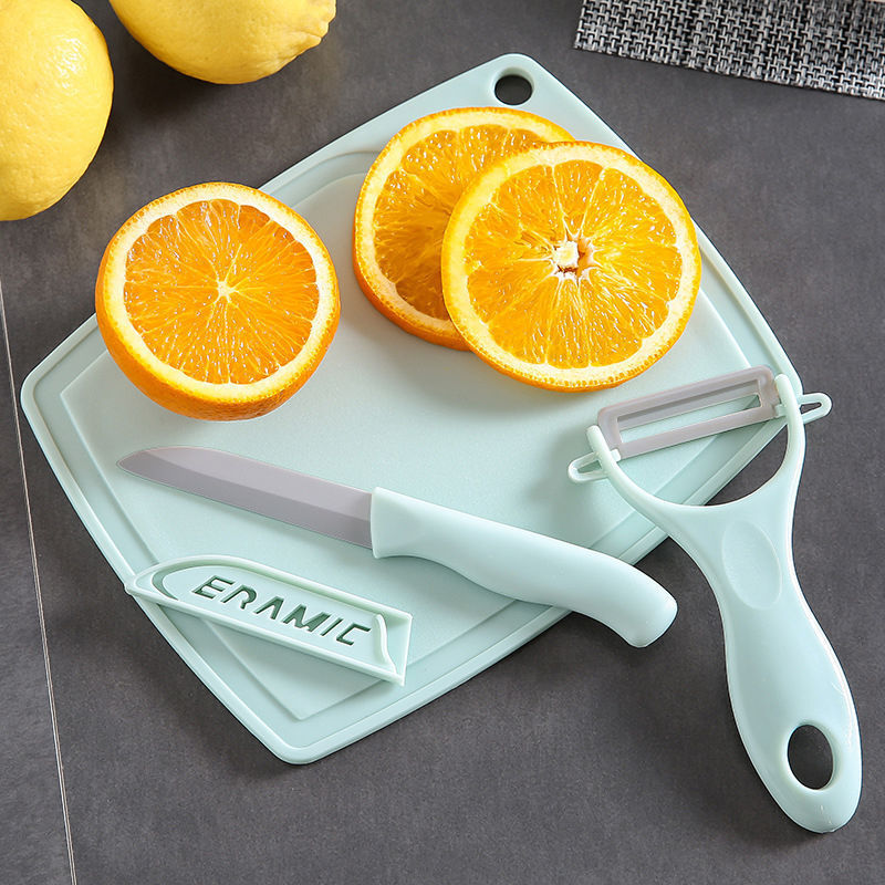convenient kitchen knife three-piece nordic candy color cutting board peeler ceramic knife set kitchen gift set full figure