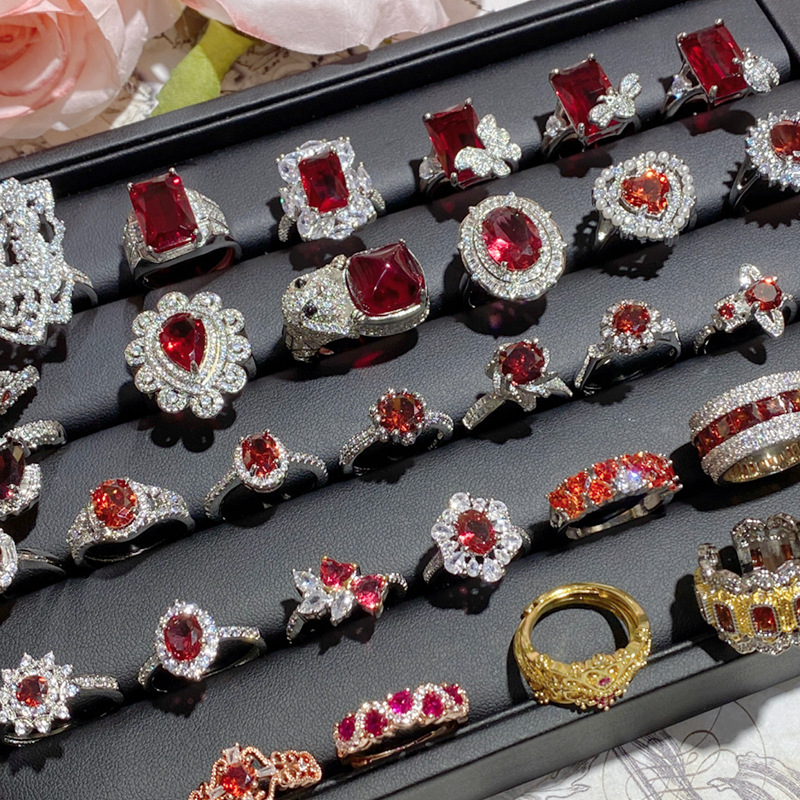 camellia luxury colored gems imitation ruby ring female medieval design lady dinner party red corundum all-match earrings details Picture