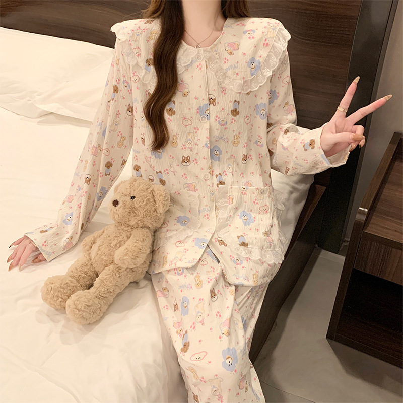new cartoon lace doll collar cloud cotton long-sleeved pajamas women's spring and autumn winter sweet home wear wholesale Application Scenario