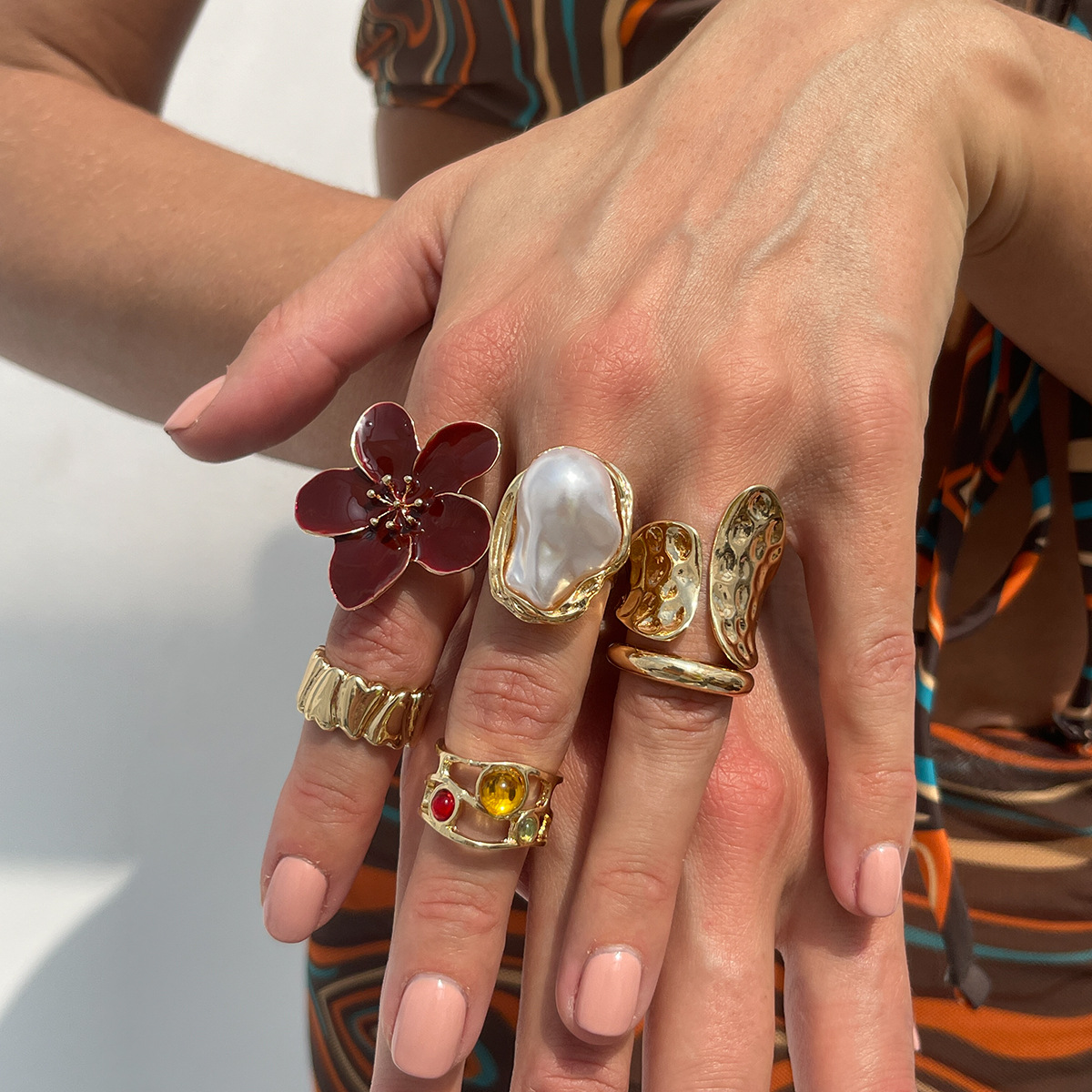europe and america cross border design liquid lava flower open ring ins baroque imitation pearl inlaid jewel ring full figure