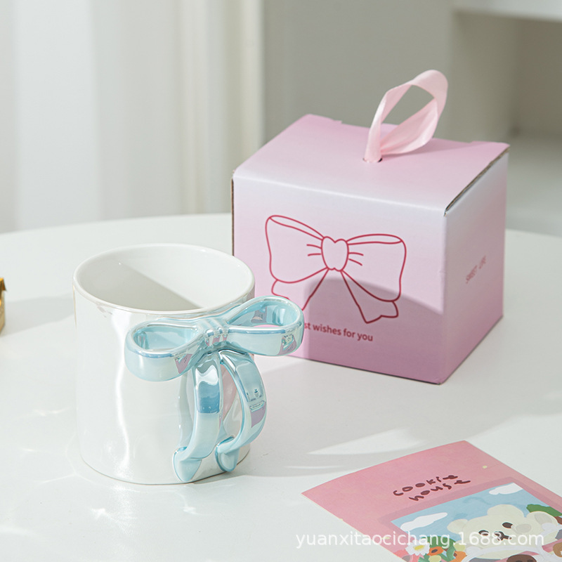 minimalist creative bowknot handle ceramic mug pearlescent glaze girl heart coffee cup student couple milk cup Application Scenario
