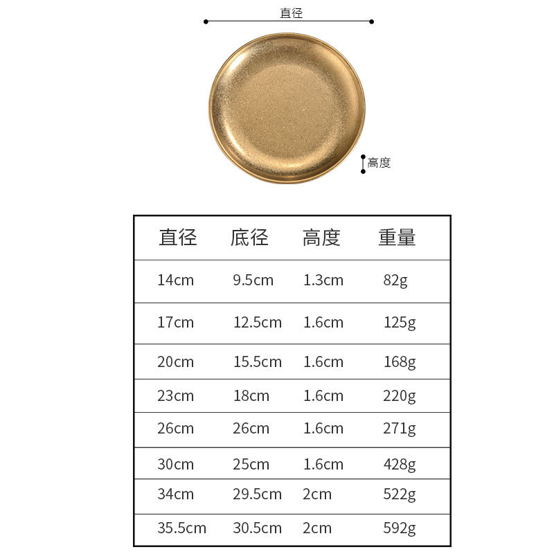 korean style stainless steel round plate old industrial style coffee shop tray flat bottom shallow plate barbecue plate bone dish retro tableware Specification drawing