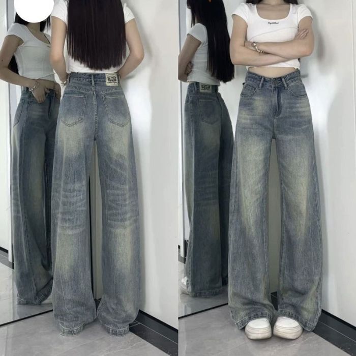 women's american-style retro straight jeans summer new high waist loose and slimming lazy drape mop wide leg pants Item Picture