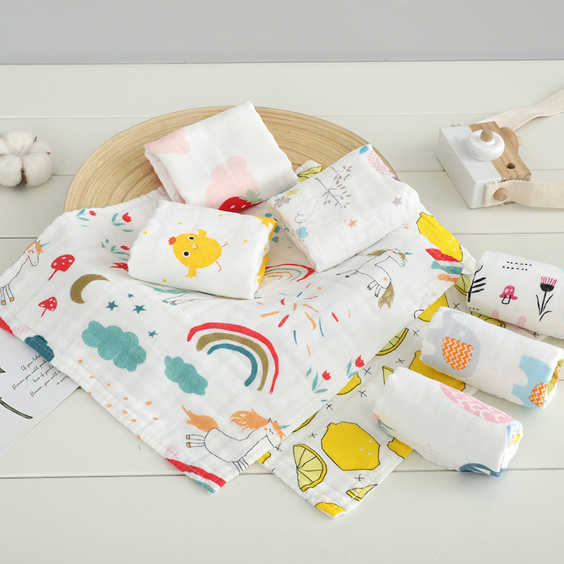 six-layer high-density cotton gauze square towel baby class a printing face cloth kids' towel saliva towel cotton wholesale details Picture