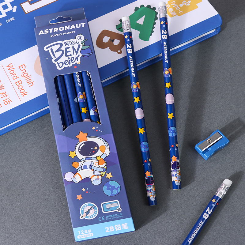 children's cartoon pencil spaceman pencil 2b a box of 12 pcs student sketch specific stationery comes with rubber Specification drawing
