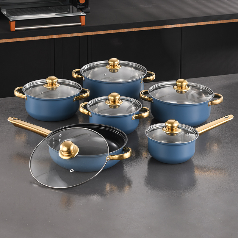 cross-border pot set color stainless steel pan non-stick pan fryer set soup pot household 12-piece set Specification drawing