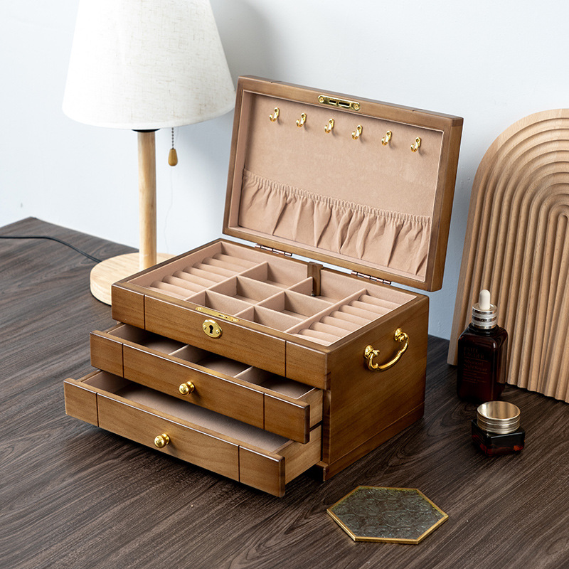solid wood jewelry box vintage organizer box with lock necklace earring ring finishing wooden storage jewelry box exquisite Item Picture