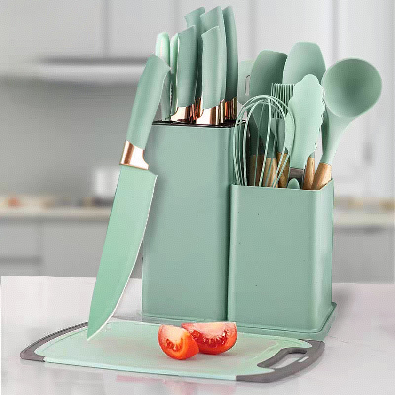 factory in stock silicone kitchenware 19-piece knife set kitchen tool belt storage spatula and soup spoon scraper cutting board Specification drawing