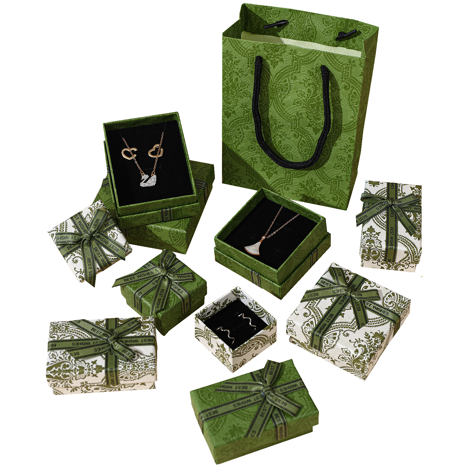spot vintage green set necklace earrings packing box classical pattern rings ear studs small jewelry jewelry box Item Picture