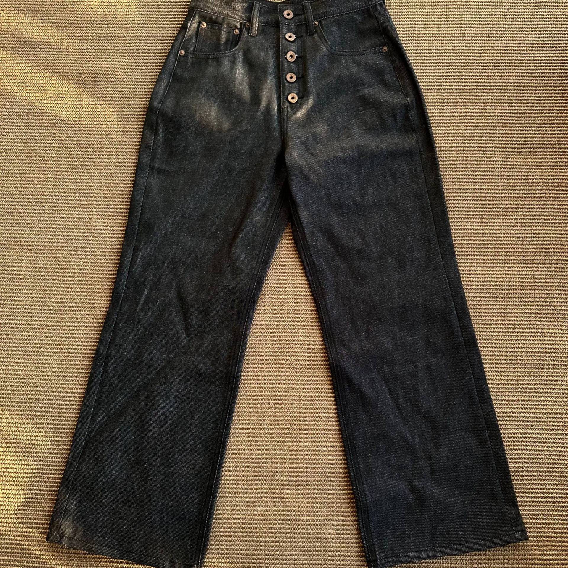 madeextreme 14oz american retro primary color washed denim loose wide leg five-button straight jeans details Picture