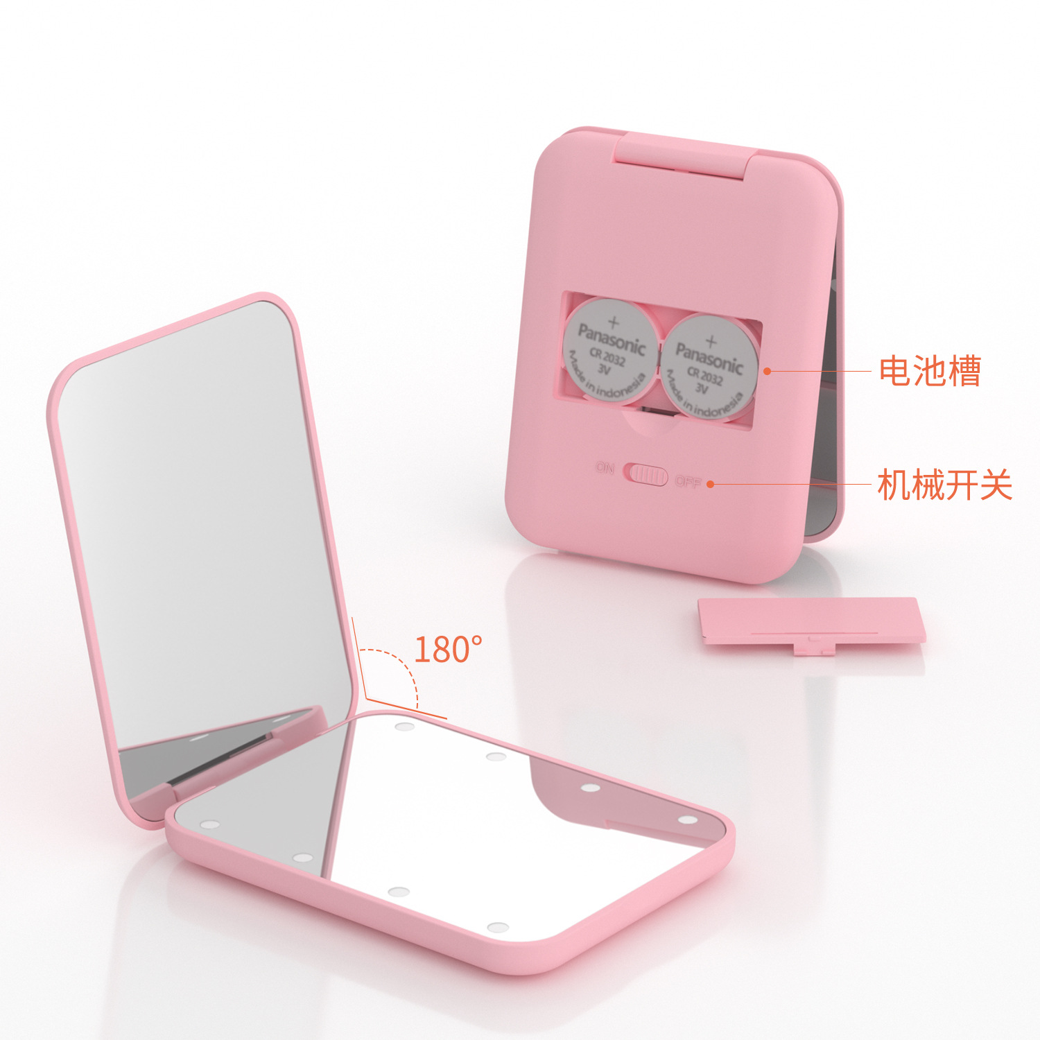 direct selling portable handheld folding cosmetic mirror led light 8 lamp beads 2 times enlarged battery mirror gift wholesale Application Scenario