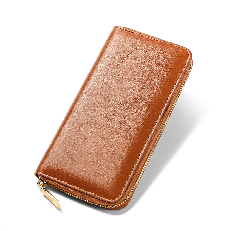 factory wholesale new oil wax grain cowhide women's zip wallet long genuine leather large capacity handbag one piece dropshipping details Picture