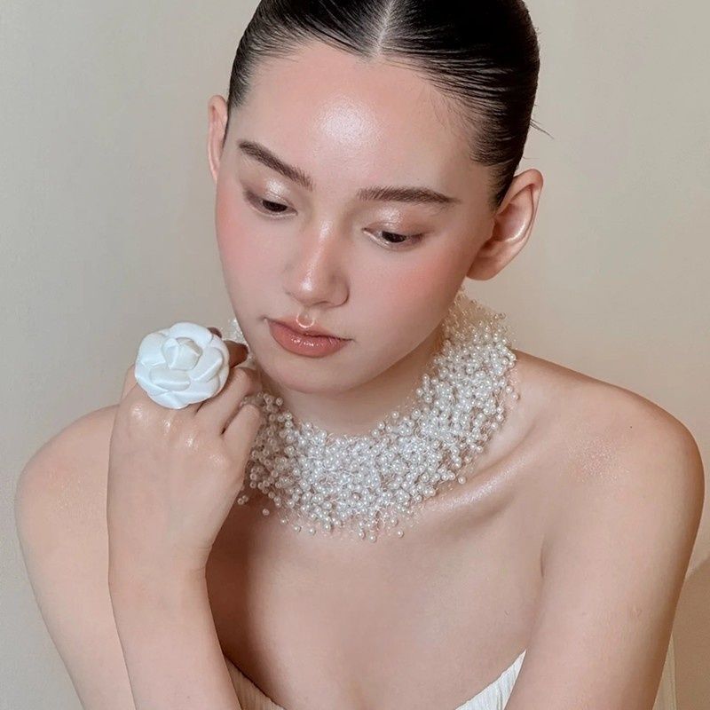 French retro multi-layer beaded necklace, personalized transparent fishline collarbone chain, elegant bride wedding dress necklace detail image 3
