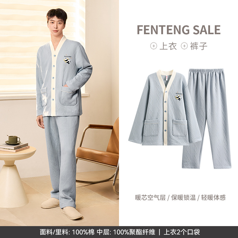 [air cotton sandwich] couple pajamas cotton thickened long sleeve autumn and winter set plus size can be outerwear homewear Item Picture