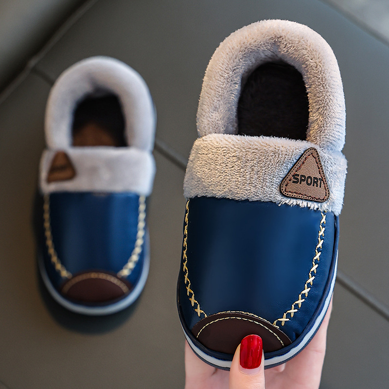children's cotton slippers parent-child male and female baby large, medium and small pu waterproof parent-child interior home thermal soft soled non-slip Specification drawing