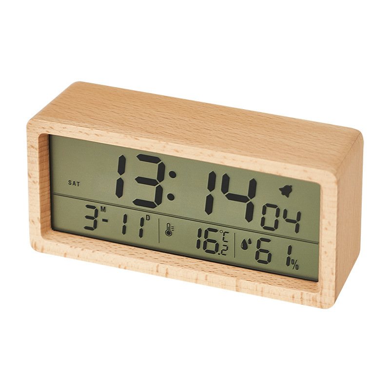 new solid wood clock simple temperature and humidity 1906 clock luminous antair nightstand large screen creative wood alarm clock details Picture