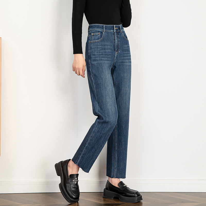women's four-sided stretch jeans cropped straight 2025 autumn new high waist slimming frayed edge cigarette pants 8136 Specification drawing