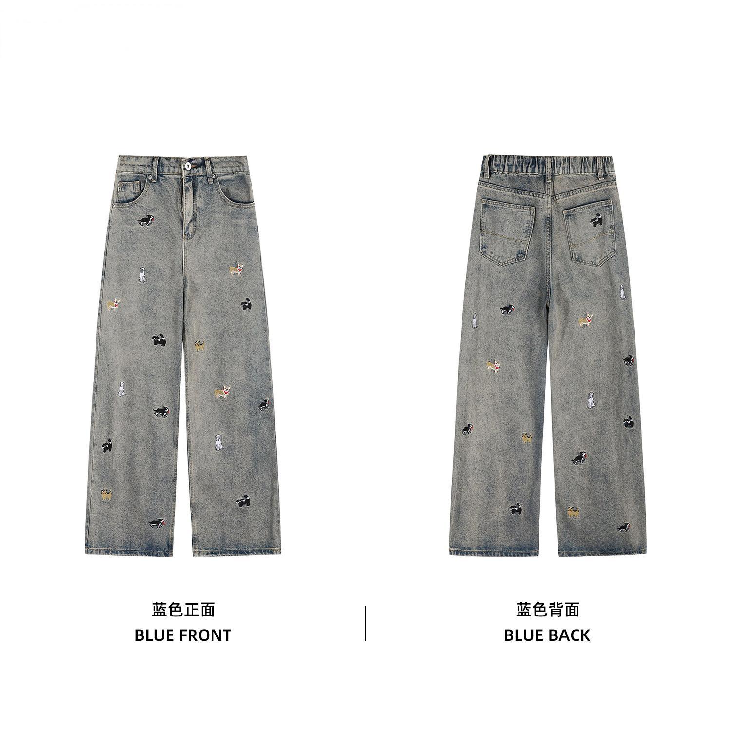 funny puppy embroidered jeans men's straight loose wide-leg american high street pants fashion brand pu shuai retro trousers Item Picture