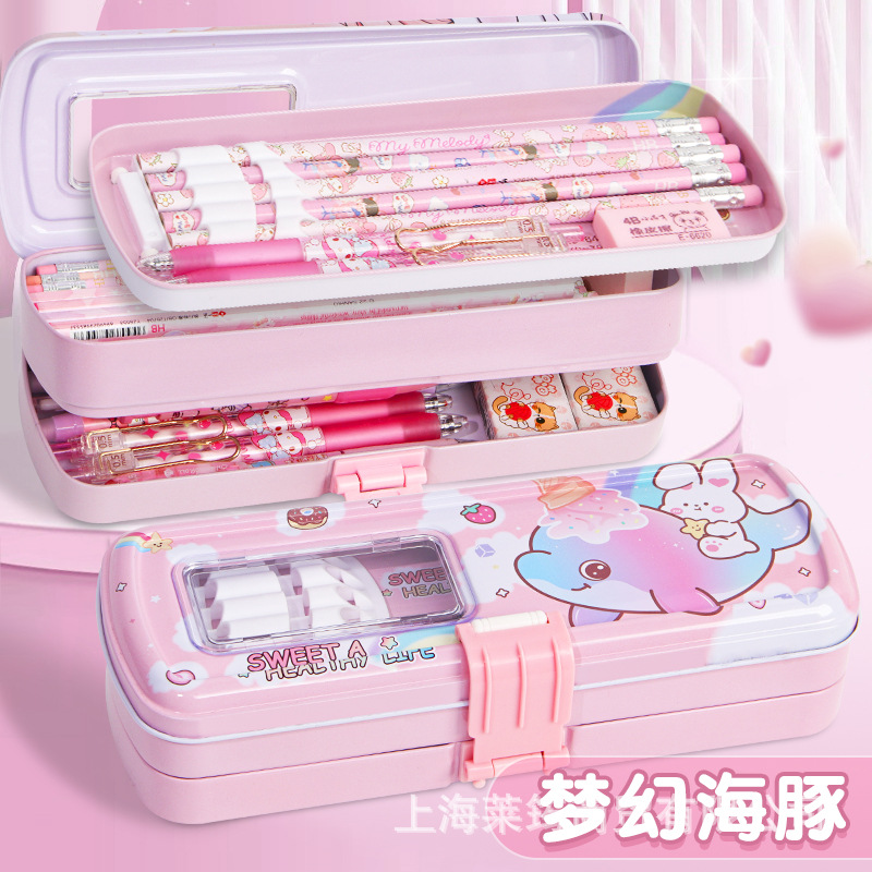 multiplication formula table stationery box men's and women's iron stationery box children's three-layer pencil box large capacity pupils' pencil case details Picture