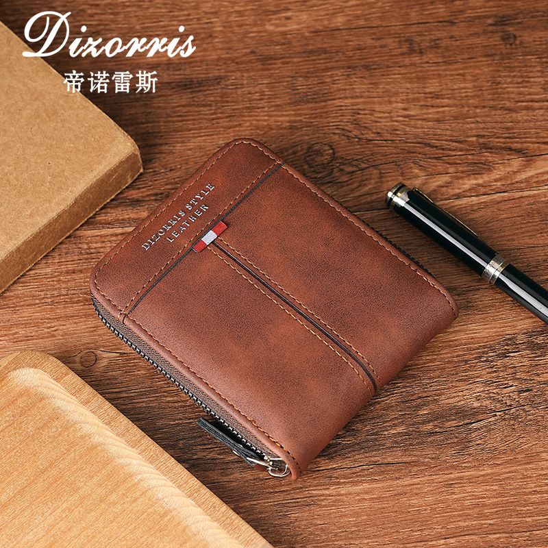 2024 new cross-border men's wallet short horizontal zipper tri-fold coin purse vintage casual buckle cubic bag full figure