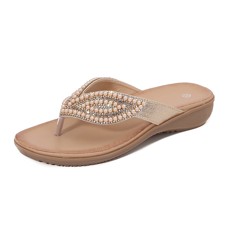 spring 2025 new bohemian sandals round toe flat bottom sandals women's rhinestone cross-border plus size women's sandals details Picture