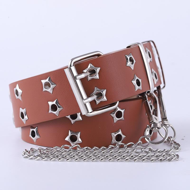 strict selection korean style hollow punk casual belt women's fashion xingx eyelet decoration double row belt women's Item Picture