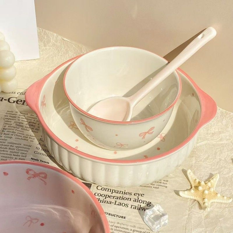bowl ins bowknot bowl dish set rice bowl household ceramic bowl tableware good-looking rice bowl internet celebrity straw hat plate Application Scenario
