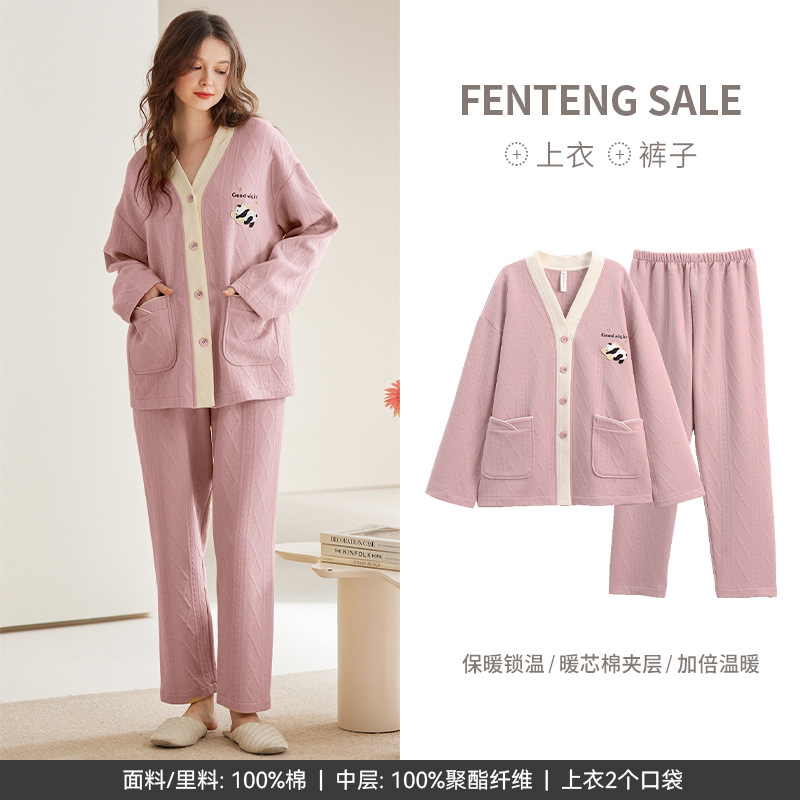 [air cotton sandwich] couple pajamas cotton thickened long sleeve autumn and winter set plus size can be outerwear homewear Application Scenario