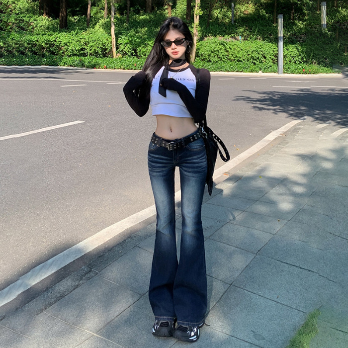 yc & american style nostalgic low waist hot girl bell-bottom pants all-match elastic slim fit slimming jeans women & trousers lengthened details Picture
