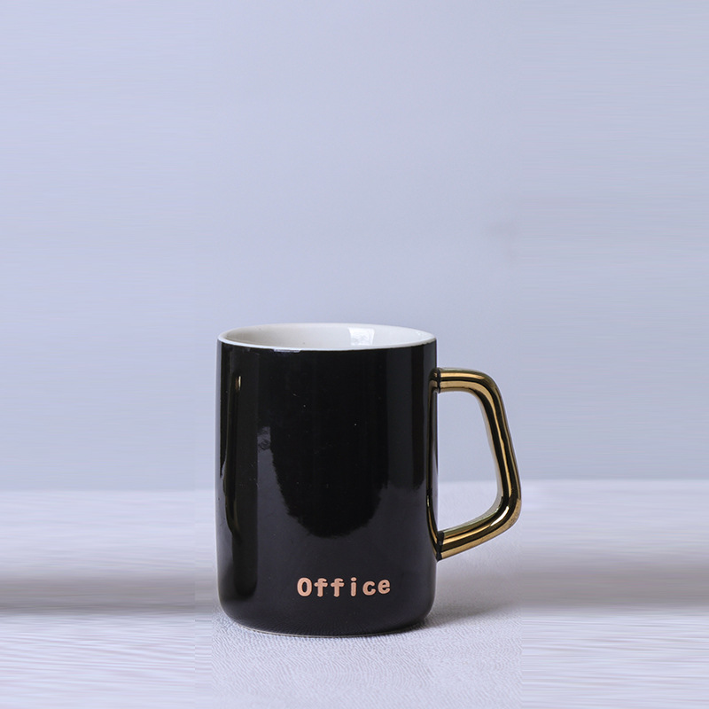 ins light luxury gold-plated handle office couple ceramic mug coffee cup activity gift printed logo details Picture