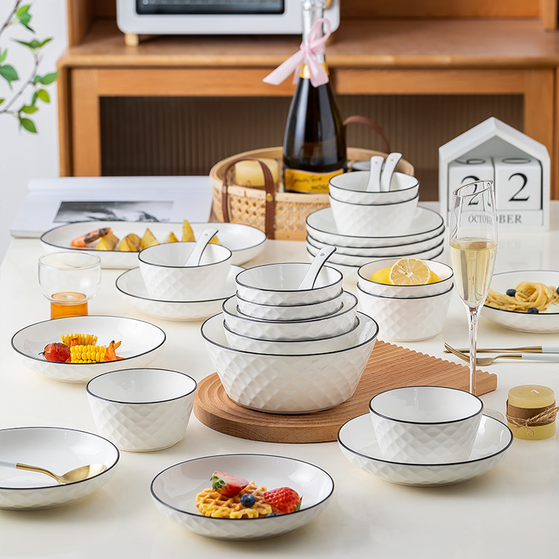 dishes wholesale creative ceramic rice bowl household big soup bowl noodle bowl plate set tableware set gift diamond pattern Specification drawing