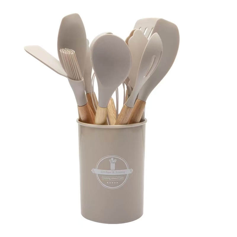 cross-border silicone kitchenware 12-piece set kitchen non-stick pan cooking spatula blackhead removal peeling wooden handle barrel kitchen tools suit details Picture