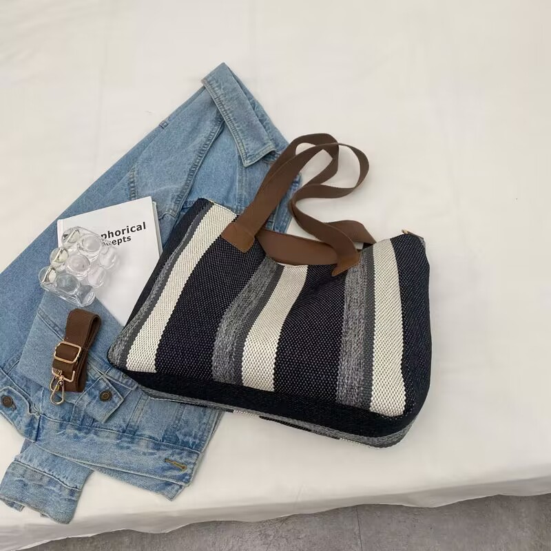 new trendy one-shoulder bag fashion city large capacity canvas textured handbag simple commute casual tote bag details Picture