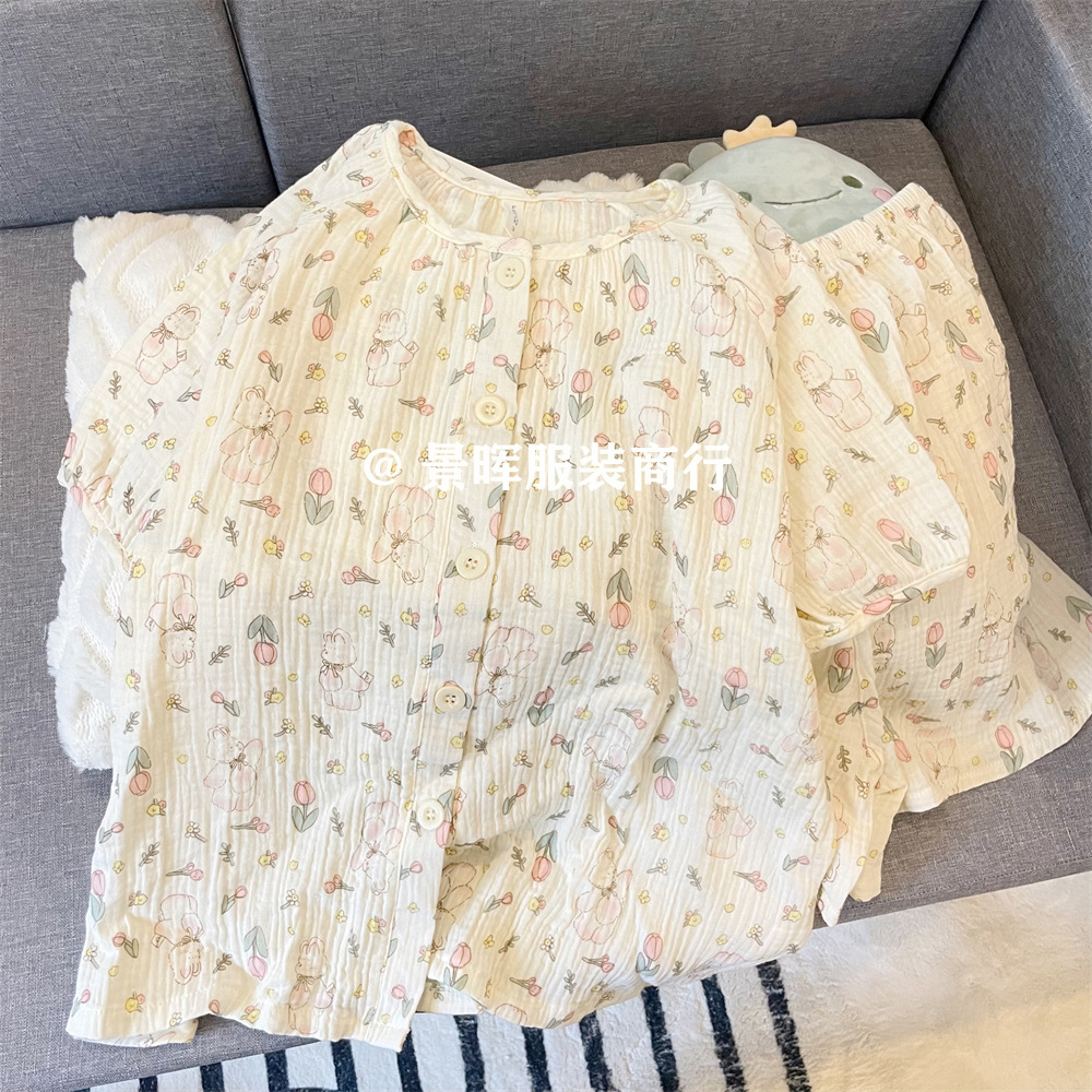 double pure cotton gauze pajamas women's spring and autumn new long-sleeved trousers internet celebrity sweet cute rabbit cardigan homewear full figure