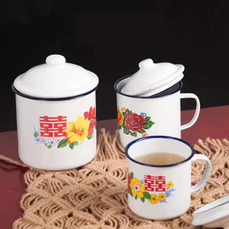custom enamel nostalgic flower enamelled cup mug enamelled cup production and processing old enamel advertising cup manufacturer Item Picture