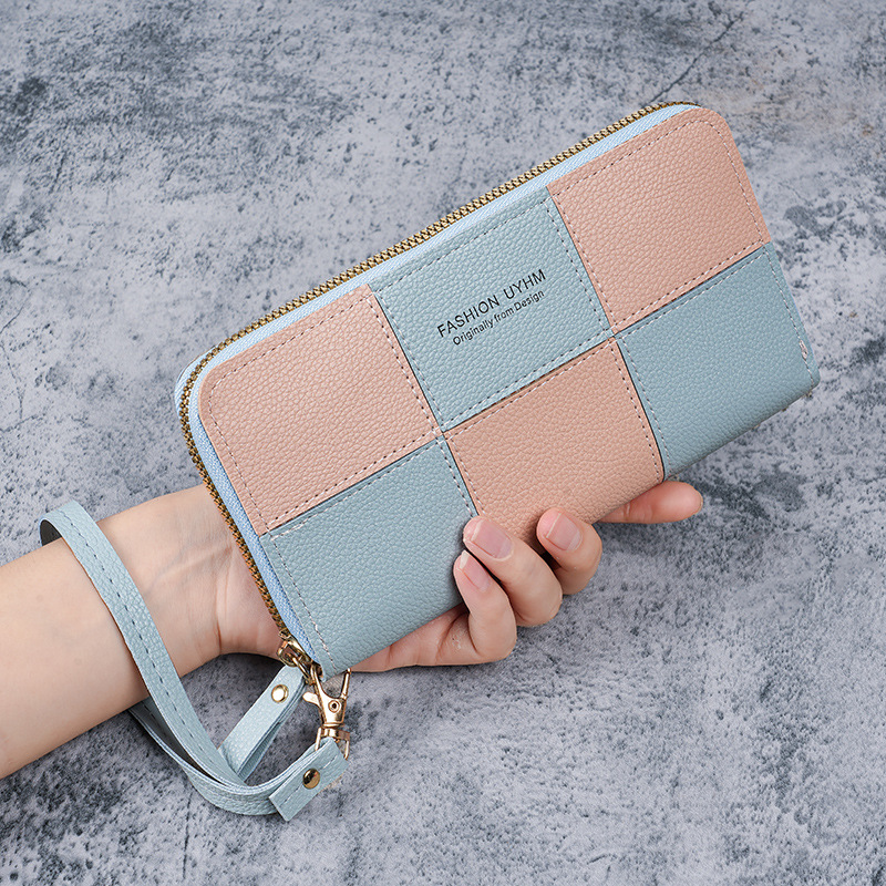new wallet women's long patchwork retro single zipper handbag large capacity change and mobile phone bag practical wrist bag details Picture