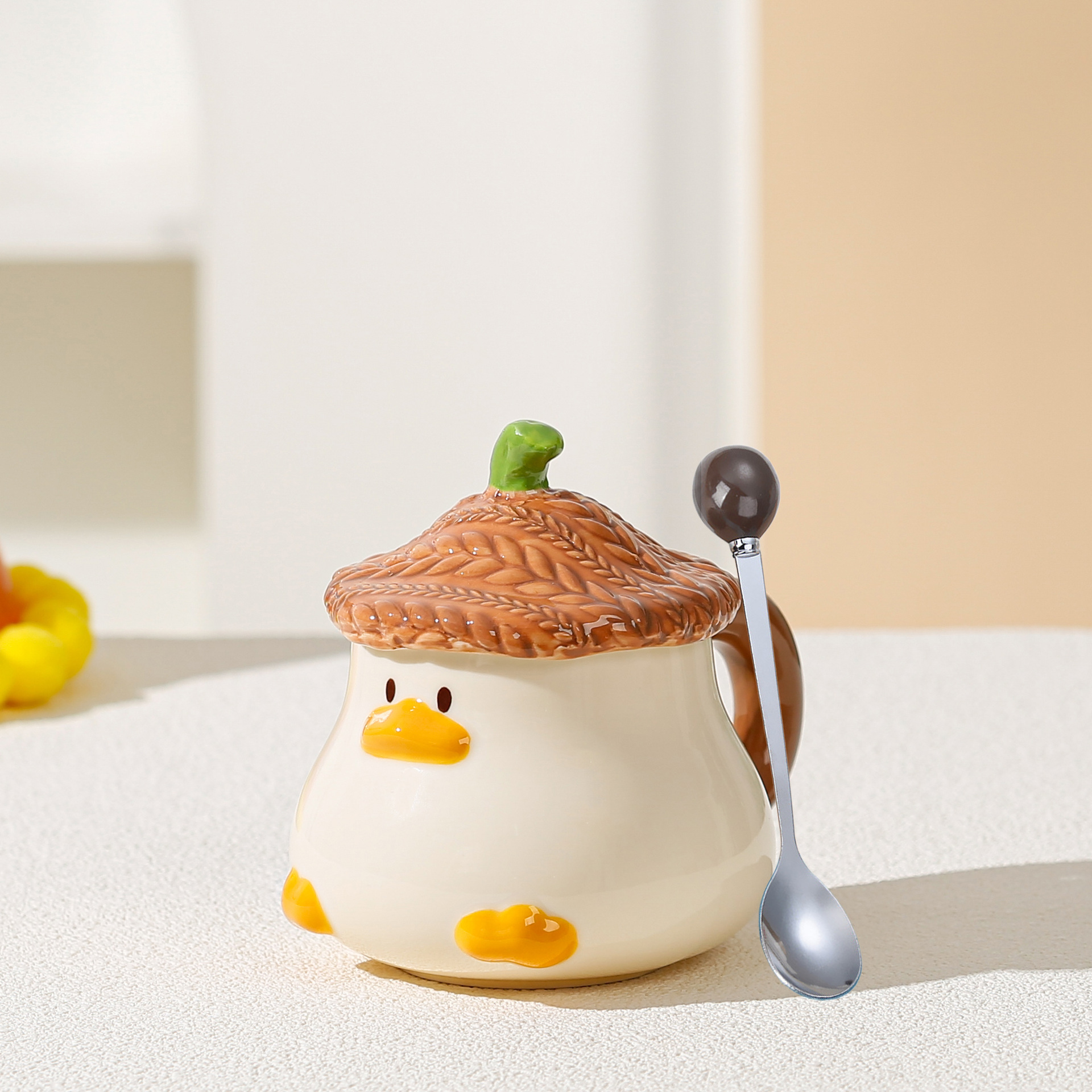 cartoon little duck mug underglaze cup cover cute water glass good-looking household ceramic cup breakfast cup details Picture