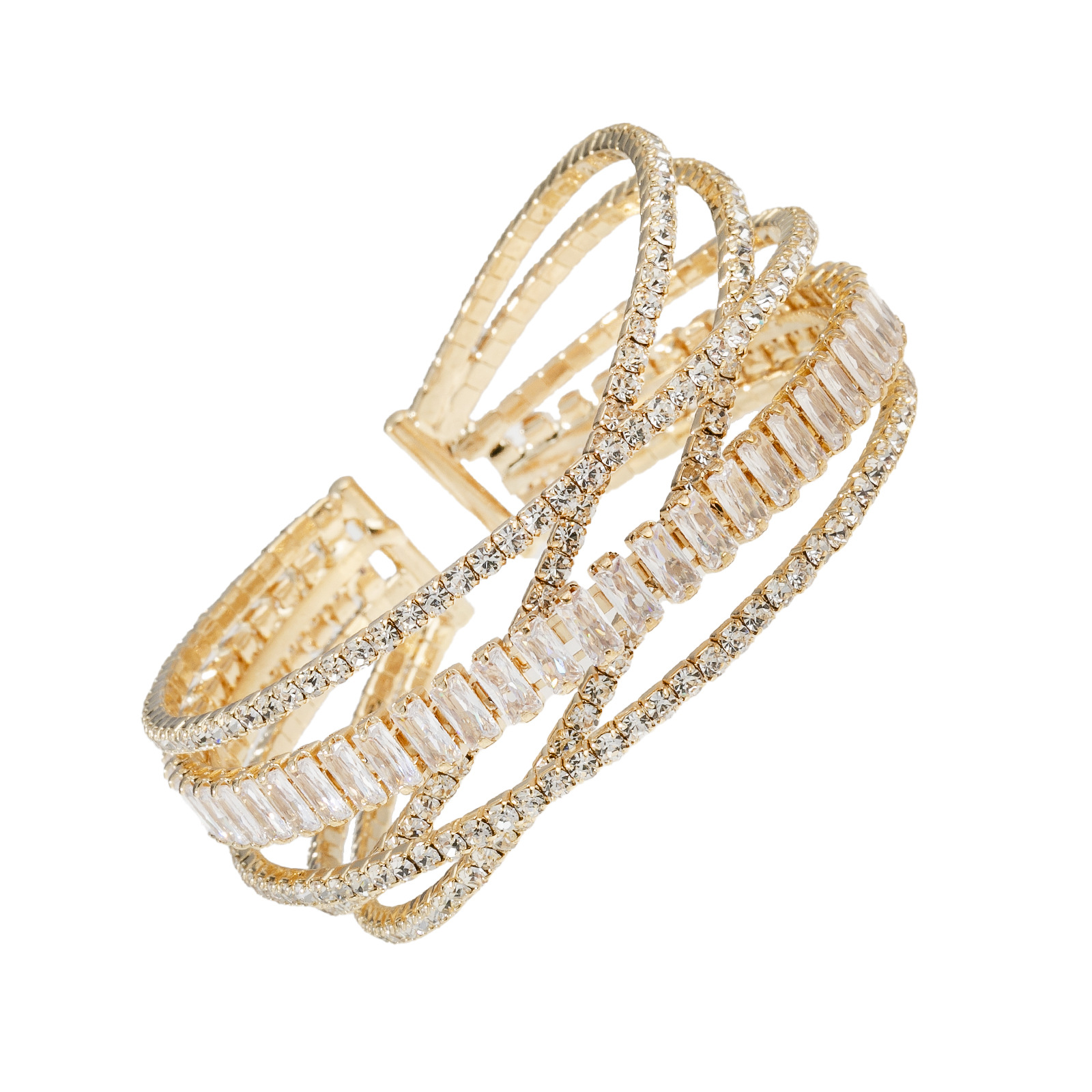 Wholesale of classic 5-row zircon cross bracelets from Europe and America for women's wedding banquets, versatile elastic open-mouth jewelry Item Picture