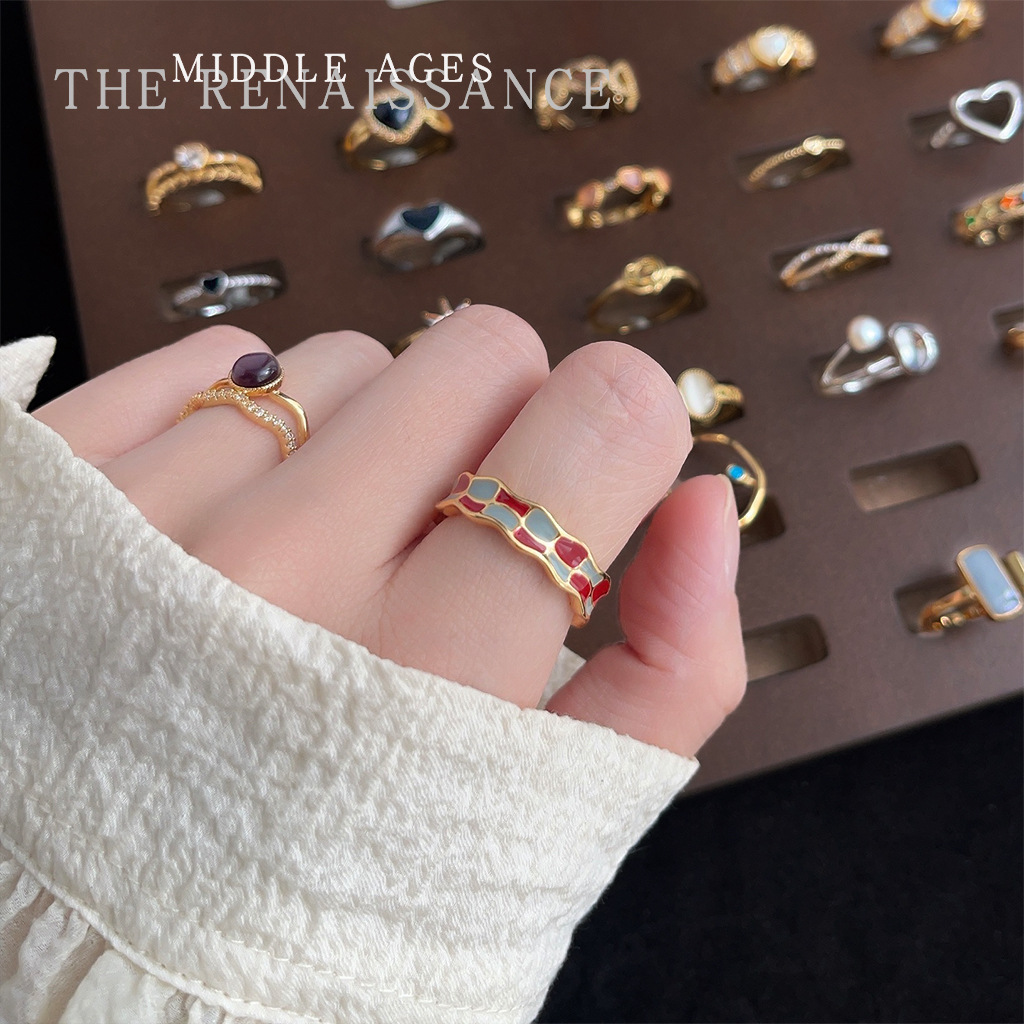 vintage chinese style enamel drop oil art vintage zircon ring collection tigereye index finger ring adjustable details Picture