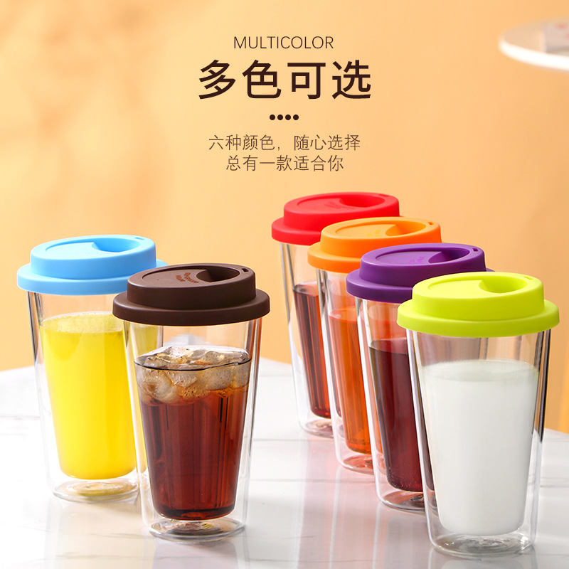 Double-layer glass cups, high borosilicate glass water cups, household heat-insulating and insulated cups with LIDS, cross-border coffee cups, custom cups details Picture