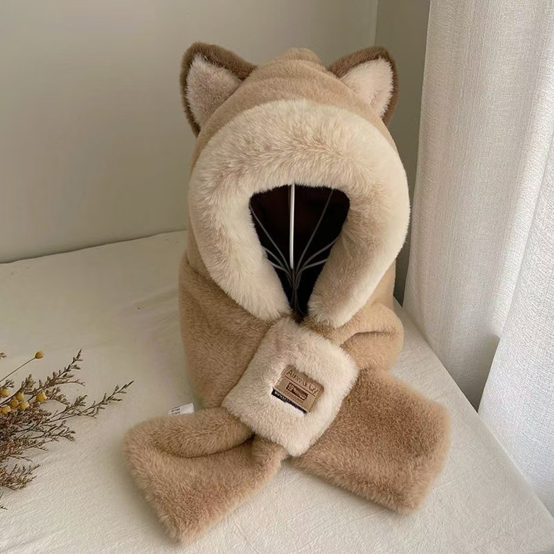 new bear hat scarf integrated female winter korean style all-matching thick warm riding electric car windproof earflaps full figure