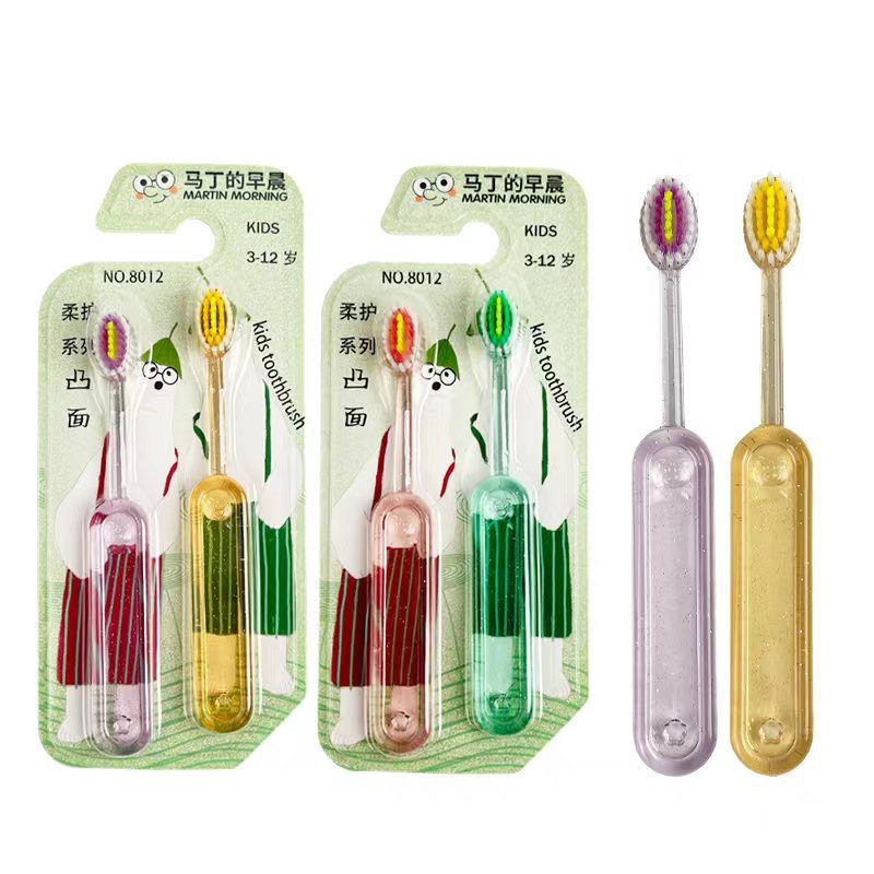 children's convex toothbrush 2 pcs wholesale household crystal non-slip handle soft fur advanced children's toothbrush 6 to 12 years old full figure