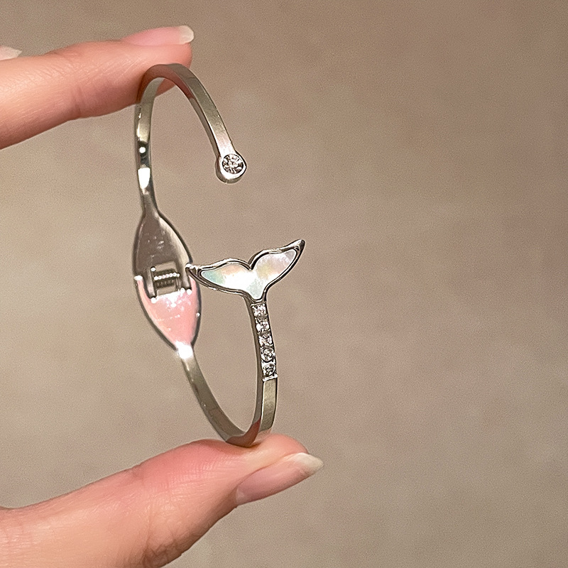 titanium steel ladies' bracelet classic all-match 18k non-fading mermaid tail shell jade open style details Picture