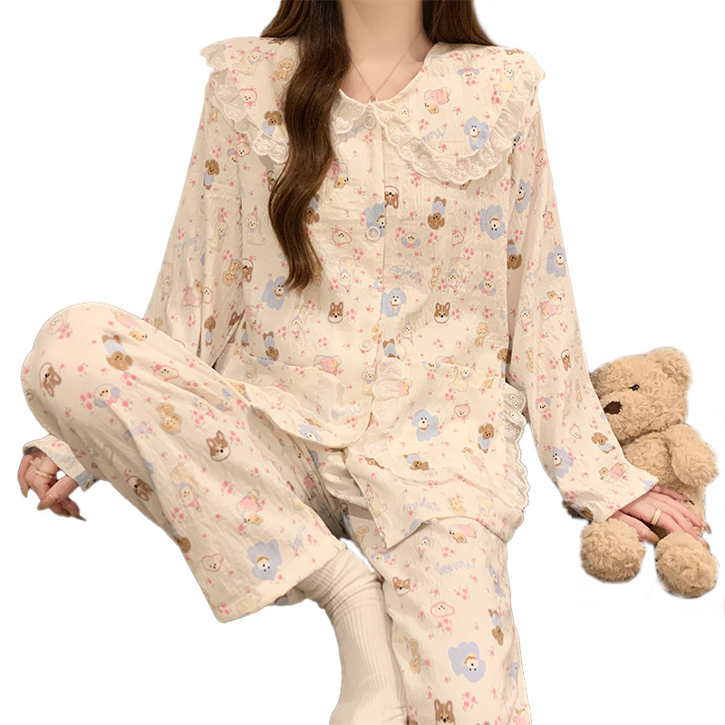 new cartoon lace doll collar cloud cotton long-sleeved pajamas women's spring and autumn winter sweet home wear wholesale Item Picture