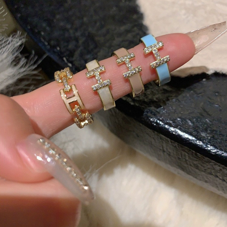 letter h light luxury enamel micro setting ring female dripping 18k gold high sense switchable index finger ring unique niche ring details Picture