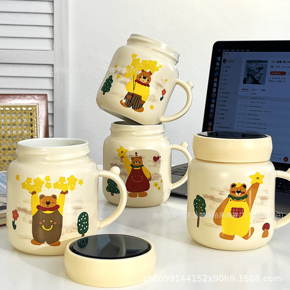 bear cup ceramic mug with lid couple good-looking household drinking cups office milk coffee cup full figure
